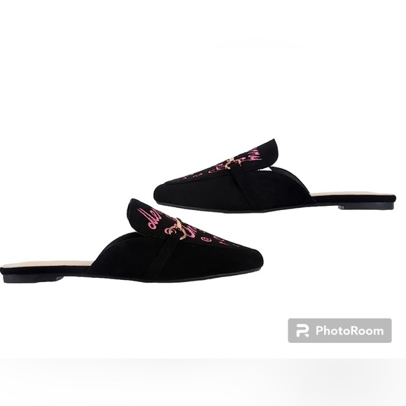 NWT MUSSHOE Merry Christmas Slip On Mules for Women Flats Black/Pink - Picture 8 of 14